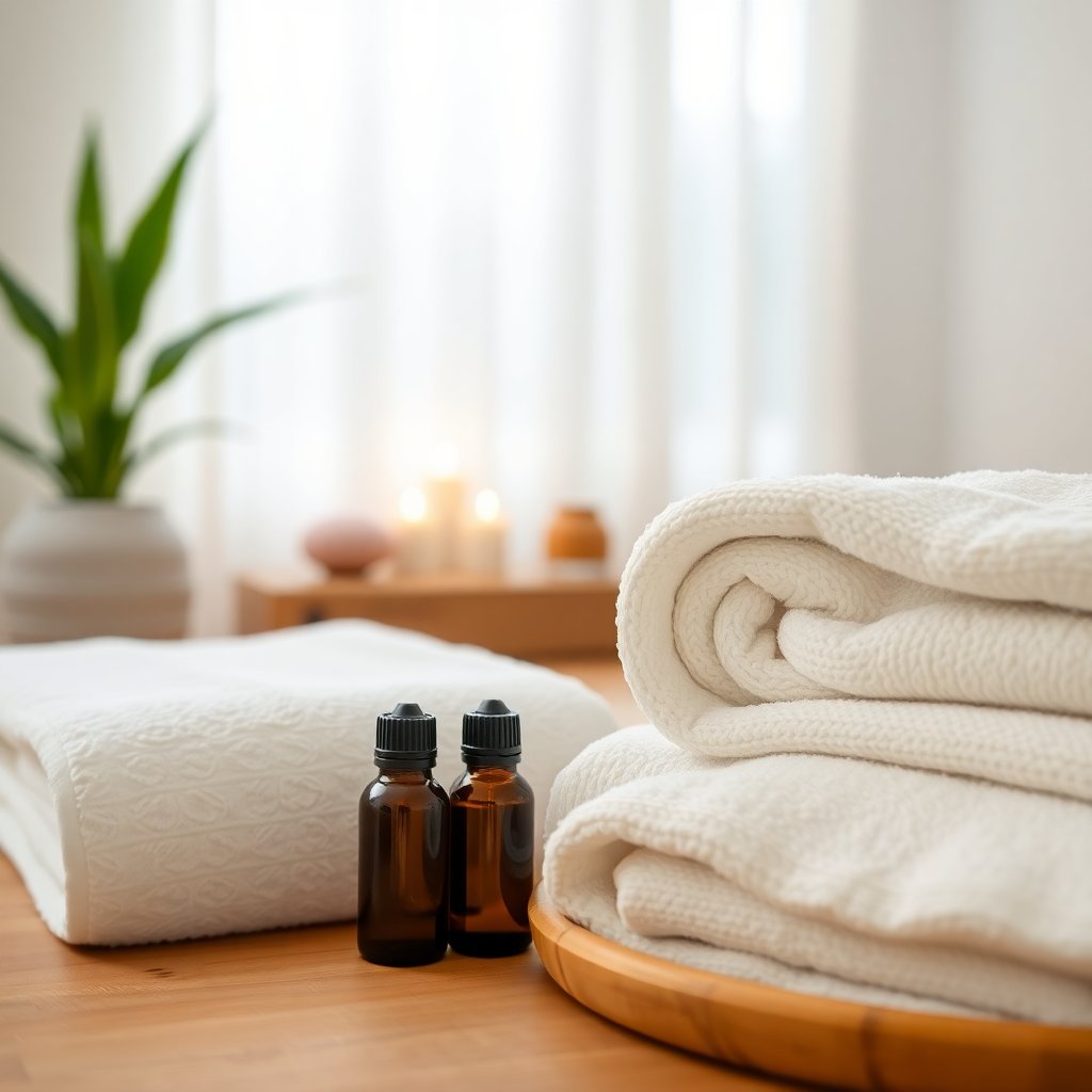 High-quality, professional photography of a peaceful wellness environment, soft lighting, detail of essential oils and clean white towels, organic and calm atmosphere, 16:9 aspect ratio.